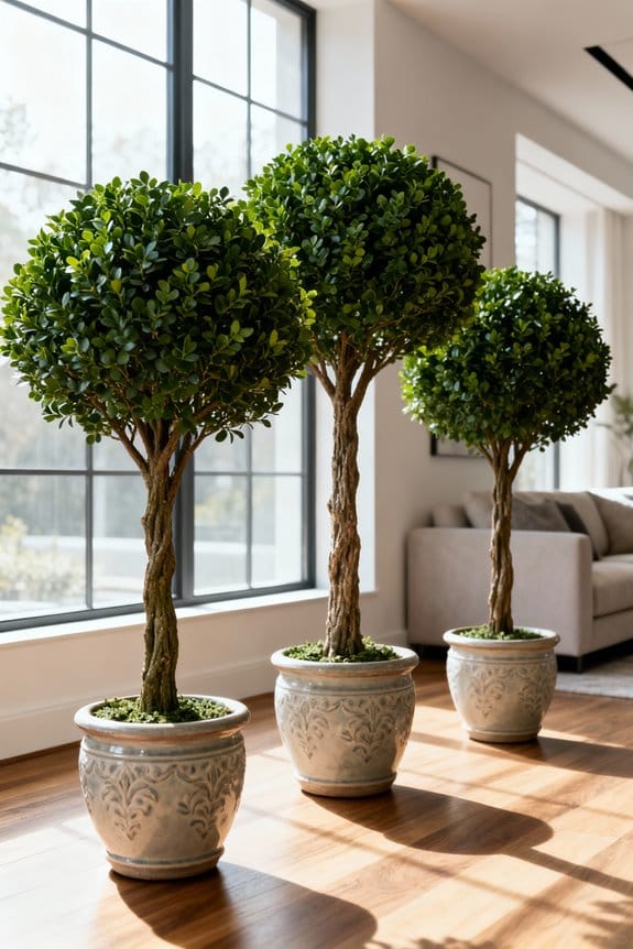 faux boxwood tree topiaries