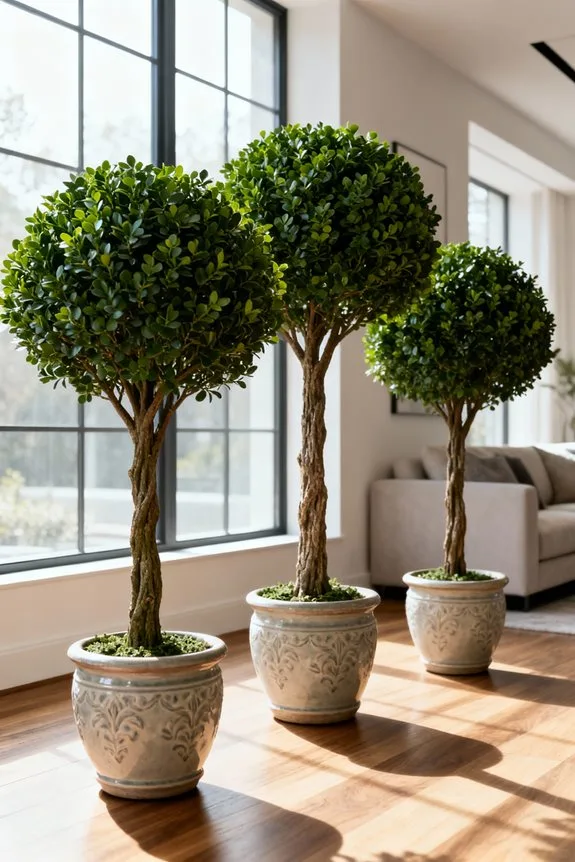 faux boxwood tree topiaries