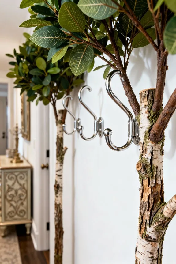faux trees and wall hooks