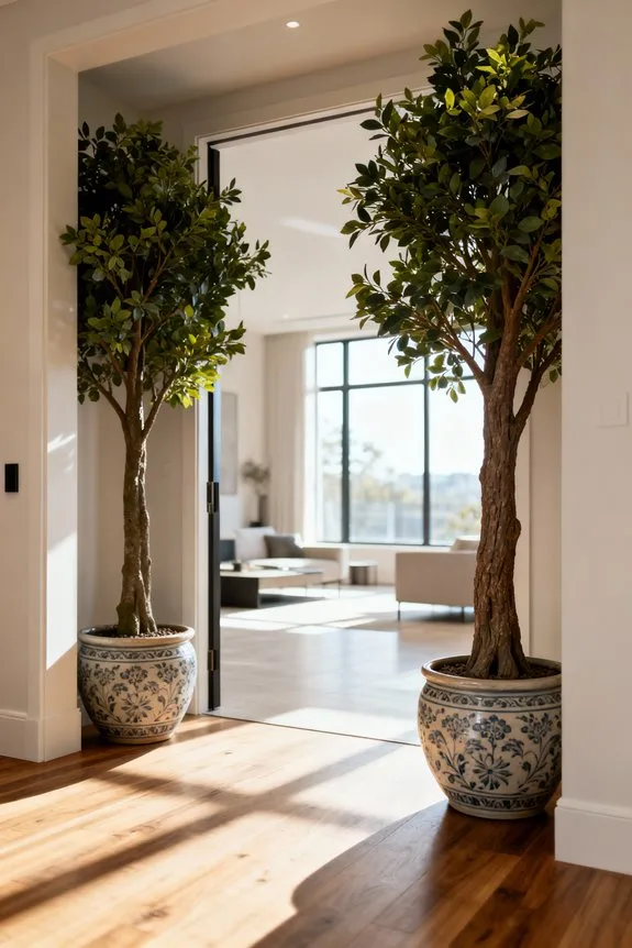 faux trees define entryway