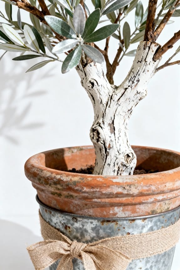 faux trees enhance farmhouse decor