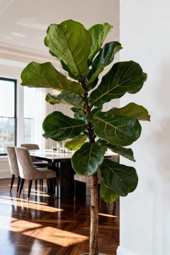 fiddle leaf figs decorate dining room